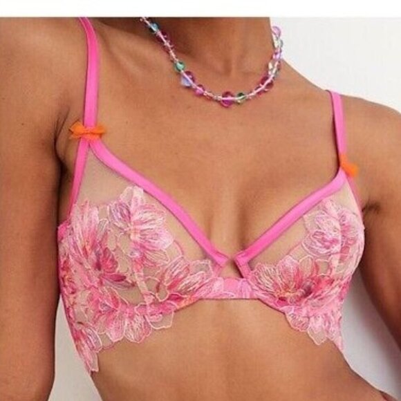 NWT FOR LOVE & LEMONS HIBISCUS EMBROIDERED MESH UNDERWIRE BRA IN PINK - Picture 1 of 7